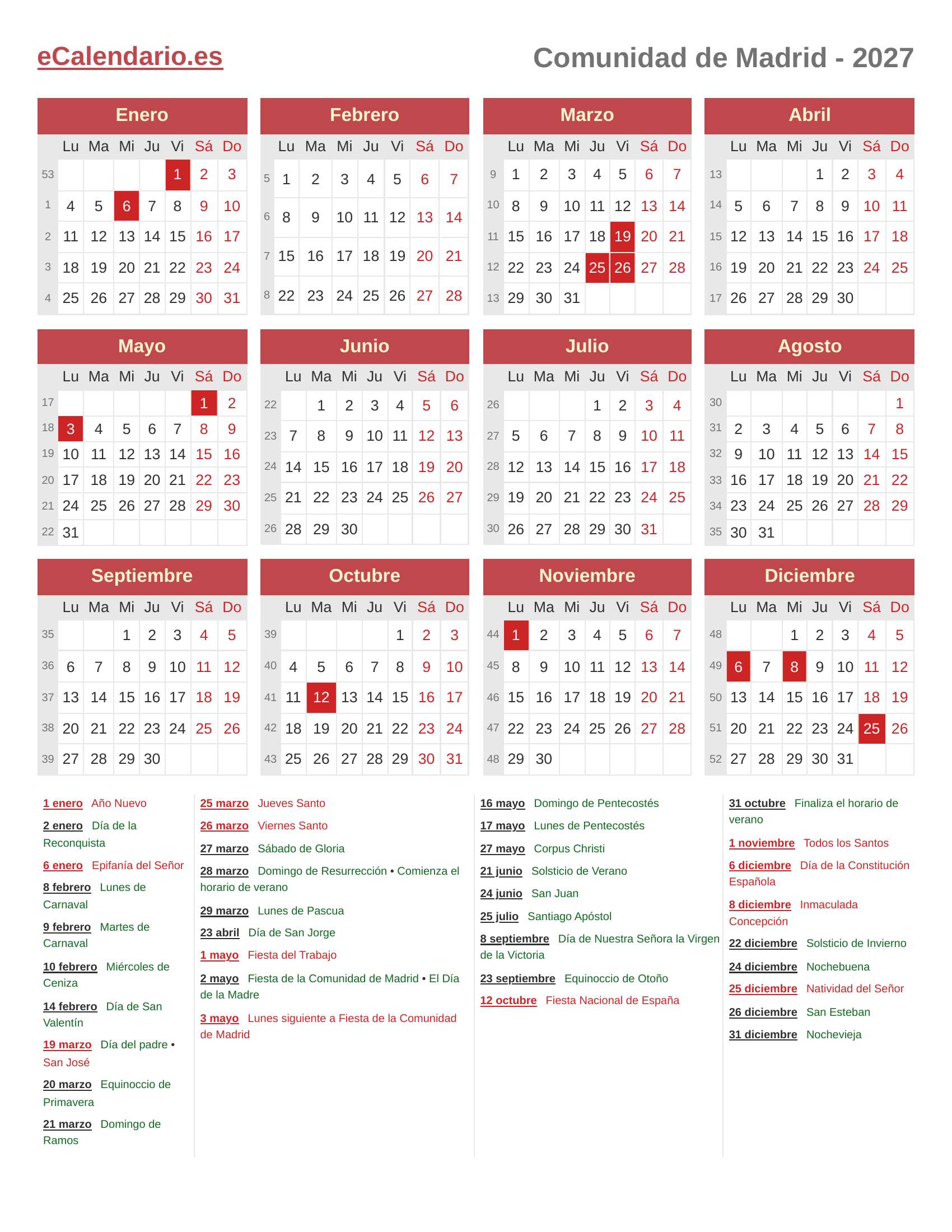Calendario 2027 Madrid Laboral Festivos Y N meros De Semana Calendario 2027 Madrid Laboral Festivos Y N meros De Semana