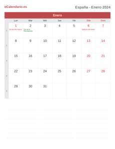 Calendario 2024 Enero