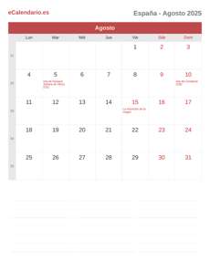 Calendario 2025 Agosto