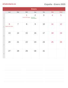 Calendario 2025 Enero