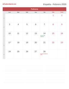 Calendario 2025 Febrero