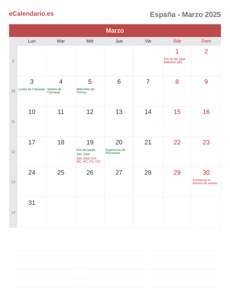 Calendario 2025 Marzo