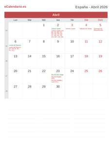 Calendario 2026 Abril