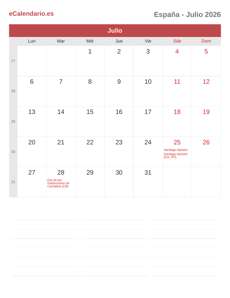 Calendario 2026 Julio