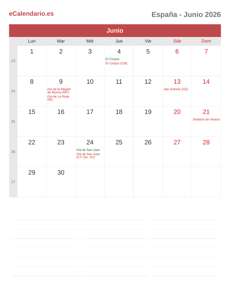 Calendario 2026 Junio