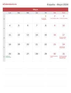 Calendario 2026 Mayo
