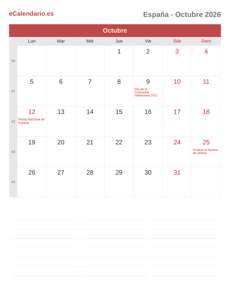 Calendario 2026 Octubre