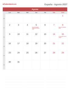 Calendario 2027 Agosto