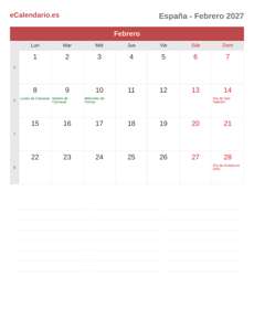 Calendario 2027 Febrero