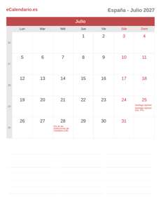 Calendario 2027 Julio