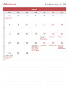 Calendario 2027 Marzo