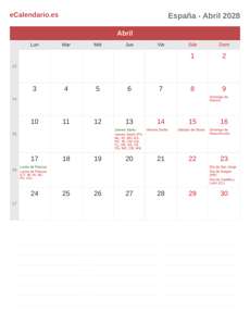 Calendario 2028 Abril
