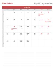 Calendario 2028 Agosto