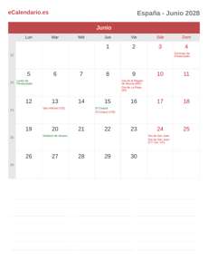 Calendario 2028 Junio