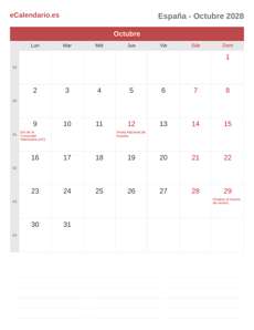Calendario 2028 Octubre