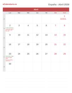 Calendario 2029 Abril