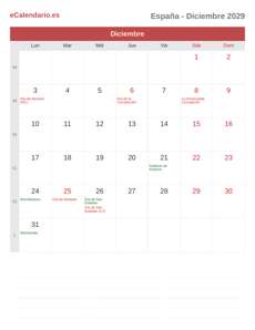Calendario 2029 Diciembre