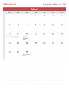 Calendario 2029 Febrero