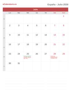 Calendario 2029 Julio