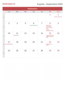 Calendario 2029 Septiembre